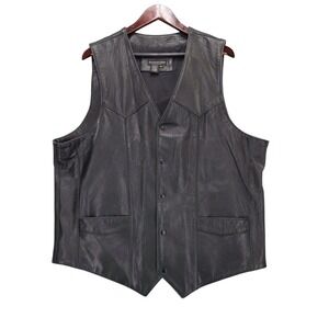 The J Peterman Company Mens Black Leather Vest Size 46 Western Style Pockets